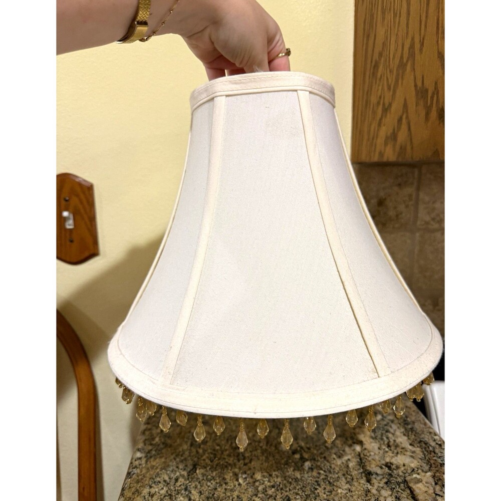 Beige Fabric Bell Lamp Shade, Solid Color with Beaded Fringe READ